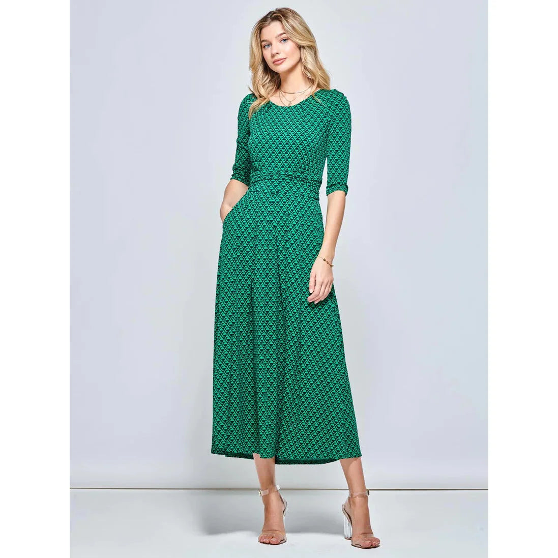 Jolie Moi Vintage Round Neck Jersey Green Multi Geometric Print Maxi Dress Elegant Wraparound Maxi Dress