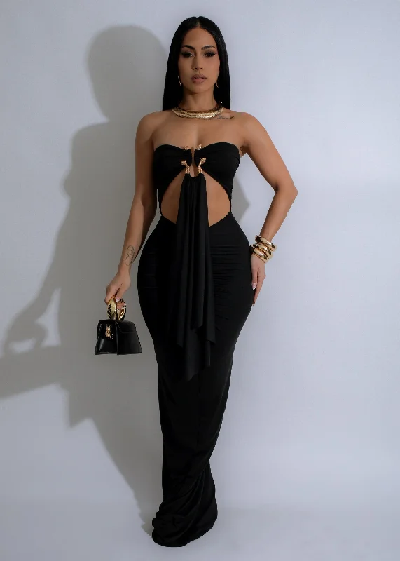 Eclipse Serpent Ruched Maxi Dress Black Cozy Maxi Dress with Slit
