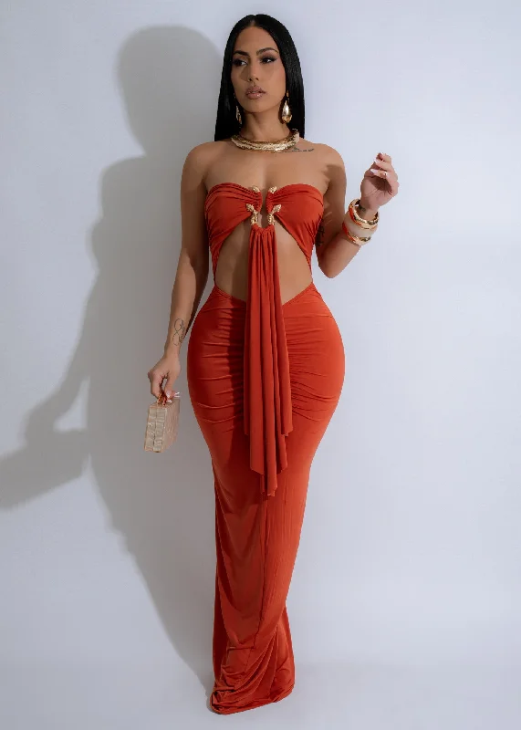 Eclipse Serpent Ruched Maxi Dress Orange Trendy Fit-and-Flare Maxi Dress