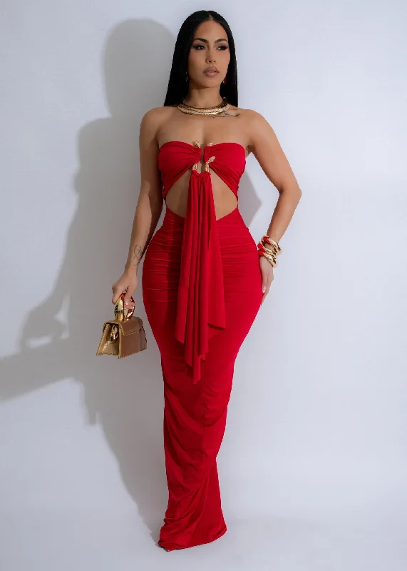 Eclipse Serpent Ruched Maxi Dress Red Elegant Maxi Dress with Drapes