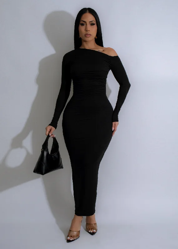 Effortless Elegance Ruched Maxi Dress Black Comfortable Bohemian Maxi Dress
