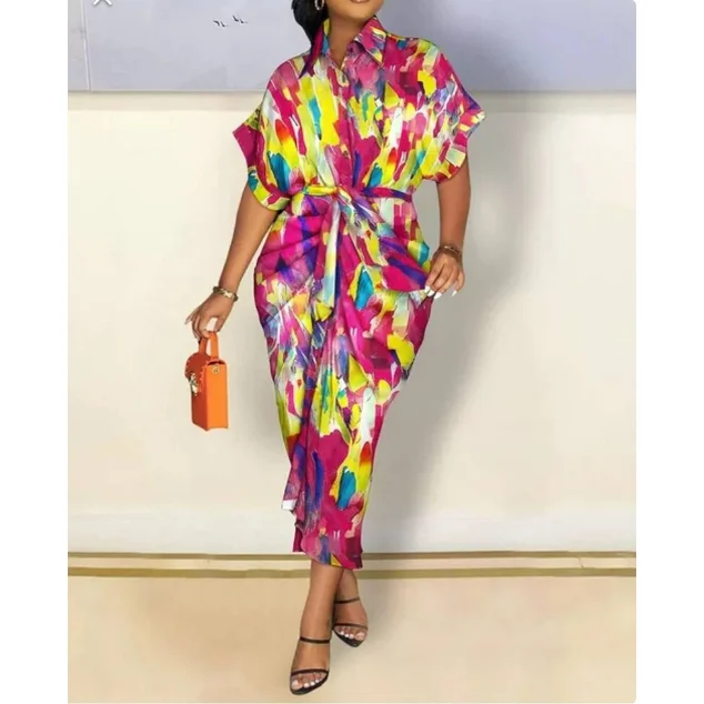 Elegant Slim Fit Short Sleeves Collared Calf Length Maxi Dress with Belt and Pockets Fashionable Off-Shoulder Maxi Dress