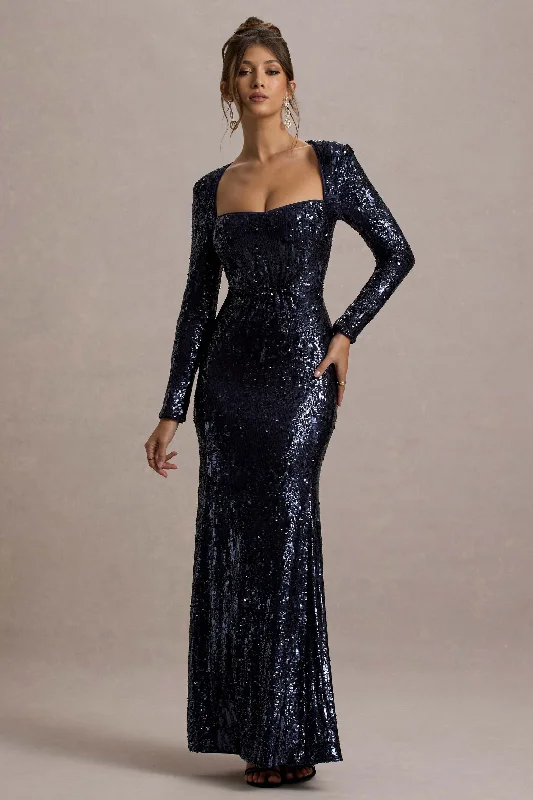Ensley | Navy Sequin Sweetheart Long-Sleeve Maxi Dress Stylish Button-Up Maxi Dress
