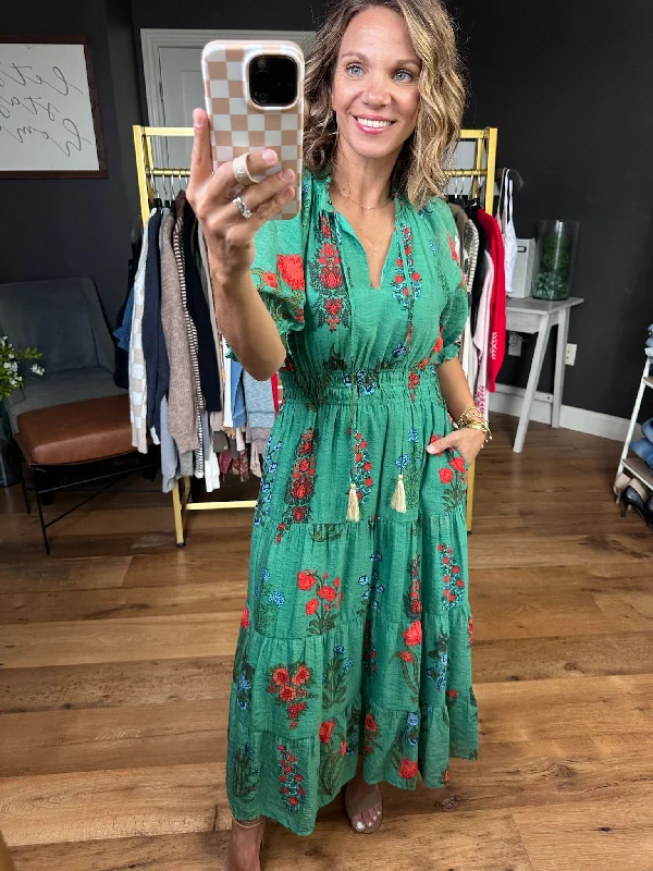 Feelings of Floral Tiered Maxi Dress - Green Trendy Maxi Dress with Lace