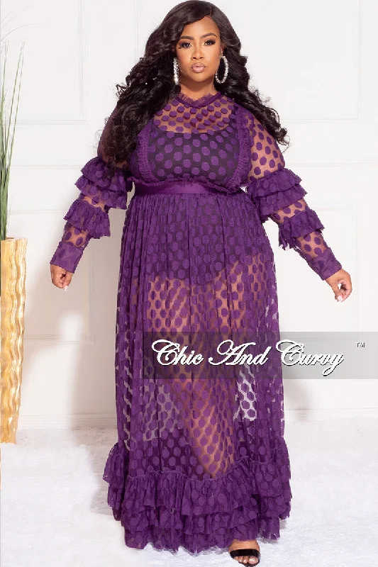 Final Sale Plus Size Polka Dot Sheer Maxi Dress with Ruffle Sleeves and Bottom in Purple Trendy V-Neck Maxi Dress