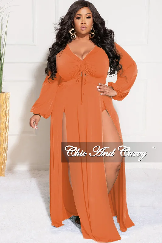 Final Sale Plus Size Ruched Maxi Dress with Double Slits in Orange Elegant Maxi Dress with Slit