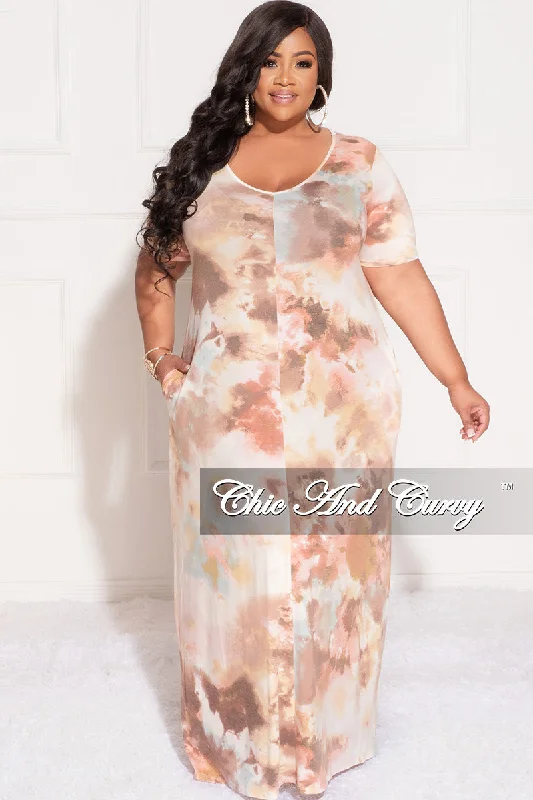 Final Sale Plus Size Short Sleeve Maxi Dress in Brown Multi Color Tie Dye Print Elegant Maxi Dress with Ruffles