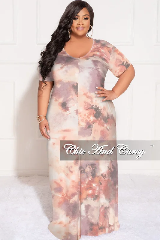 Final Sale Plus Size Short Sleeve Maxi Dress in Lavender Multi Color Tie Dye Print Comfortable Cotton Maxi Dress