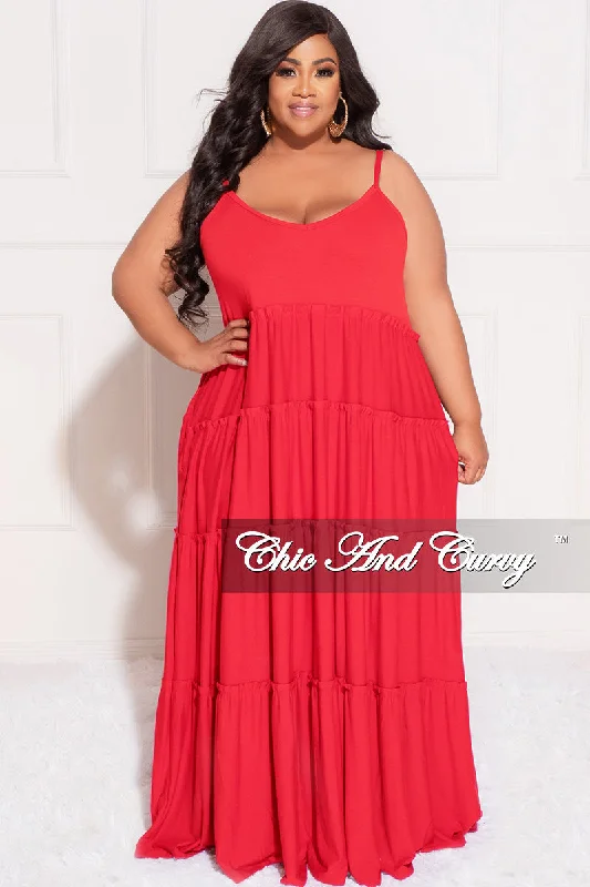 Final Sale Plus Size Spaghetti Strap Tiered Maxi Dress in Ruby Trendy Maxi Dress with Bow
