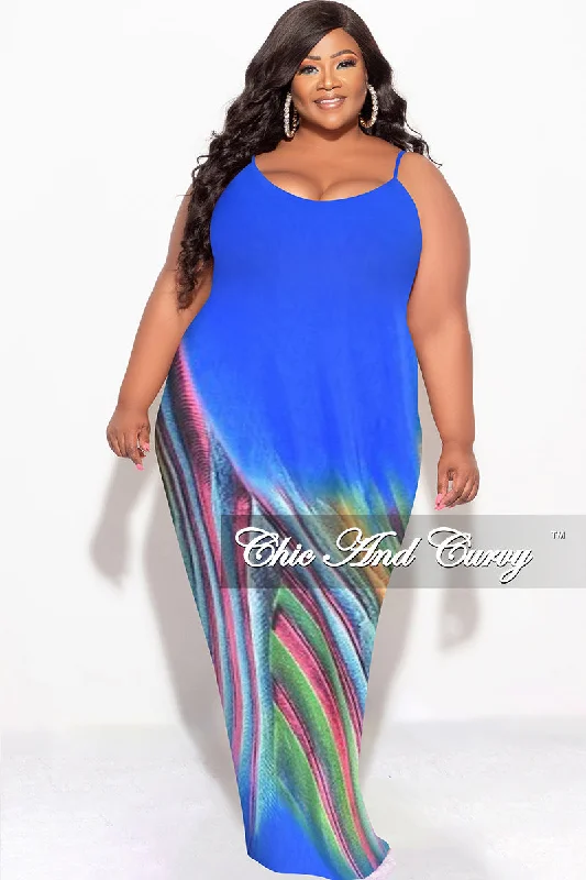 Final Sale Plus Size Tank Maxi Dress in Blue Multi Color Print Elegant Pleated Maxi Dress