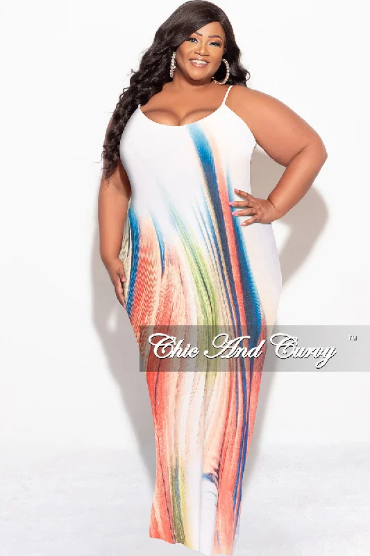 Final Sale Plus Size Tank Maxi Dress in Ivory Multi Color Print Trendy Maxi Dress with Belt