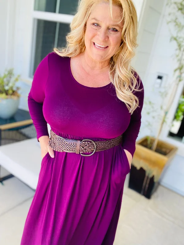 Gathered Waist Pocketed Maxi Dress in Plum Fashionable Maxi Dress with Fringe