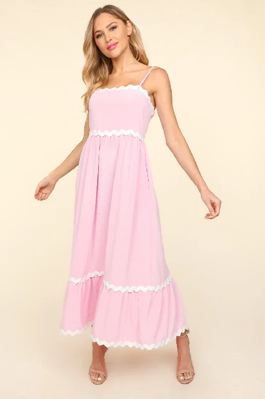 Haptics Solid Color Maxi Dress with Contrasting Ric Rac Trim in Lilac Elegant Silk Maxi Dress