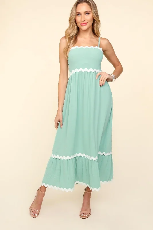 Haptics Solid Color Maxi Dress with Contrasting Ric Rac Trim in Sage Trendy A-Line Maxi Dress