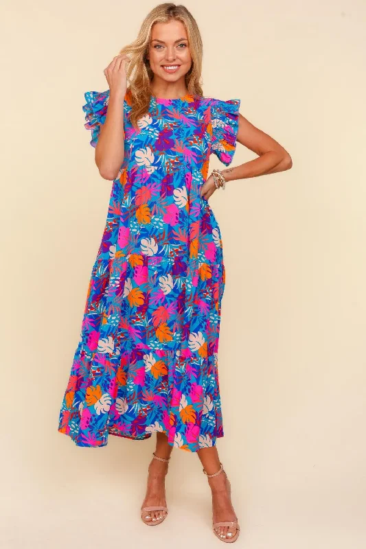 Haptics Tropical Floral Print Tiered Maxi Dress in Blue/Fuchsia/Orange Cozy Cold-Shoulder Maxi Dress