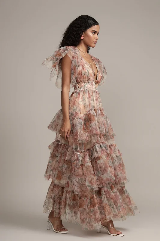 Jasmine Maxi Dress in Brown Floral Print Comfortable Cotton Maxi Dress