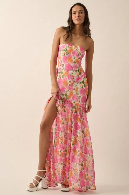 Jules Strapless Asymmetric-Seam Floral Woven Maxi Dress Comfortable Flowy Maxi Dress