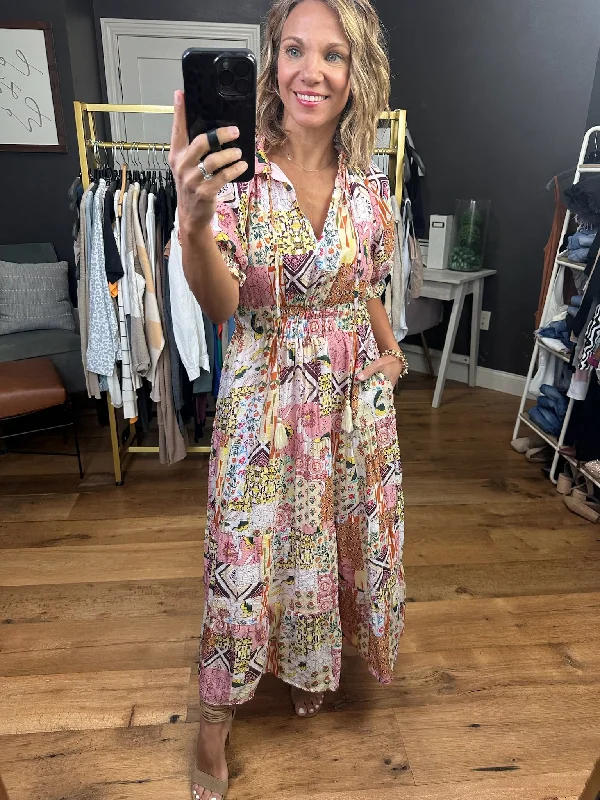 Legendary Moment Patchwork Maxi Dress - Ivory Multi Stylish Maxi Dress with Frills