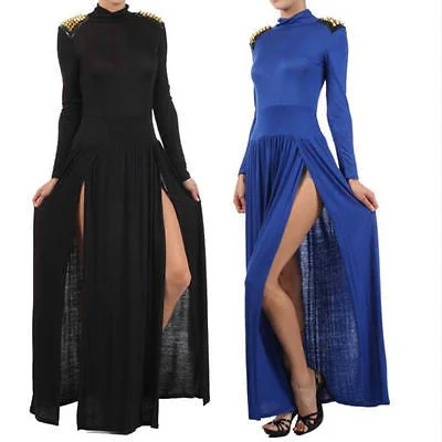Maxi Dress Spike Studded Shoulder Turtleneck Slit Thigh Split Long Sleeve Fashionable Chiffon Tiered Maxi Dress