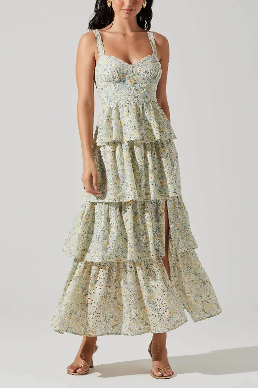 Midsummer Floral Tiered Maxi Dress in Mint Floral Chic Boho Print Maxi Dress