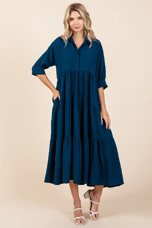 Mittoshop Solid Color Airflow Maxi Dress in Teal Comfortable Casual Maxi Dress
