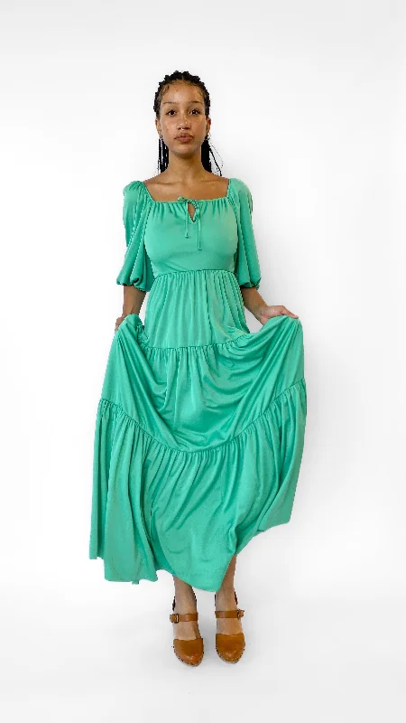 1970s Teal Tiered Maxi Dress, sz. S Cozy Knit Maxi Dress