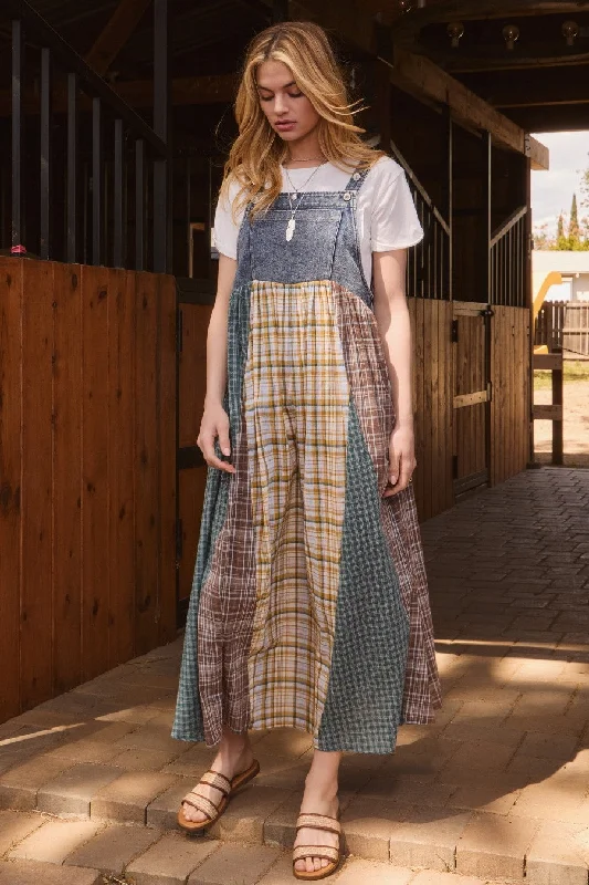 Oddi Denim and Mixed Plaid Overall Maxi Dress in Denim Combo ON ORDER Elegant Boho Maxi Dress