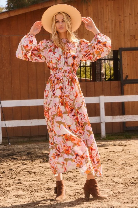 Oddi Floral Print Maxi Dress in Olive Multi Fashionable High-Low Maxi Dress