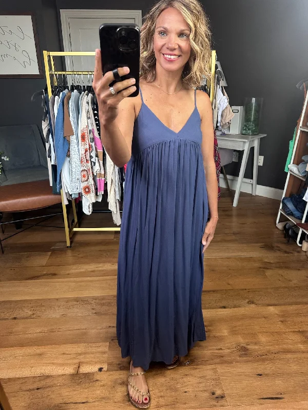 On My Own V-Neck Maxi Dress - Denim Stylish Maxi Dress with Frills