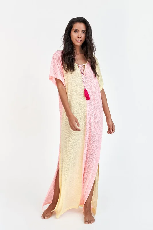 Two Tone Summer Dress - Maxi Dress in Soft Lemon-Salmon Trendy Maxi Dress with Lace