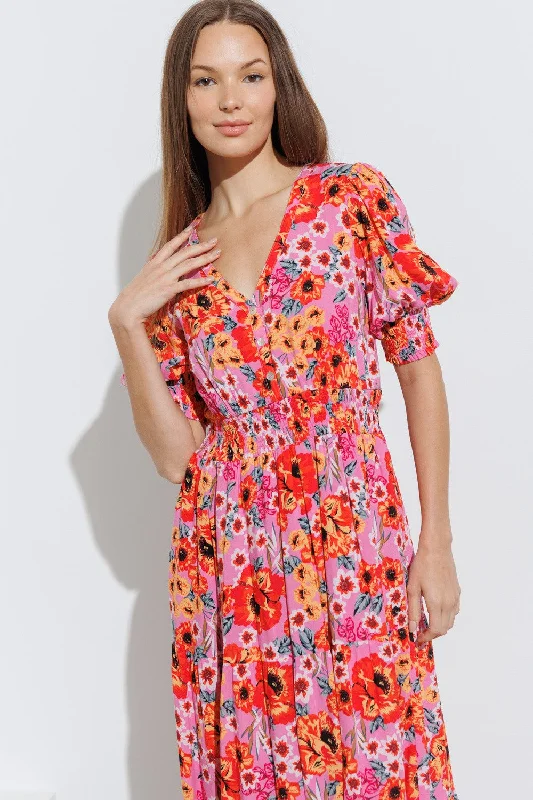 Polagram Floral Print Tiered Maxi Dress in Fuchsia Comfortable Satin Maxi Dress