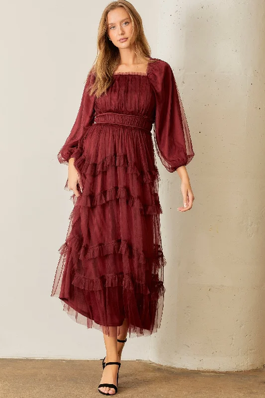 Polagram Long Sleeve Tulle Maxi Dress in Burgundy Stylish Maxi Dress with Frills