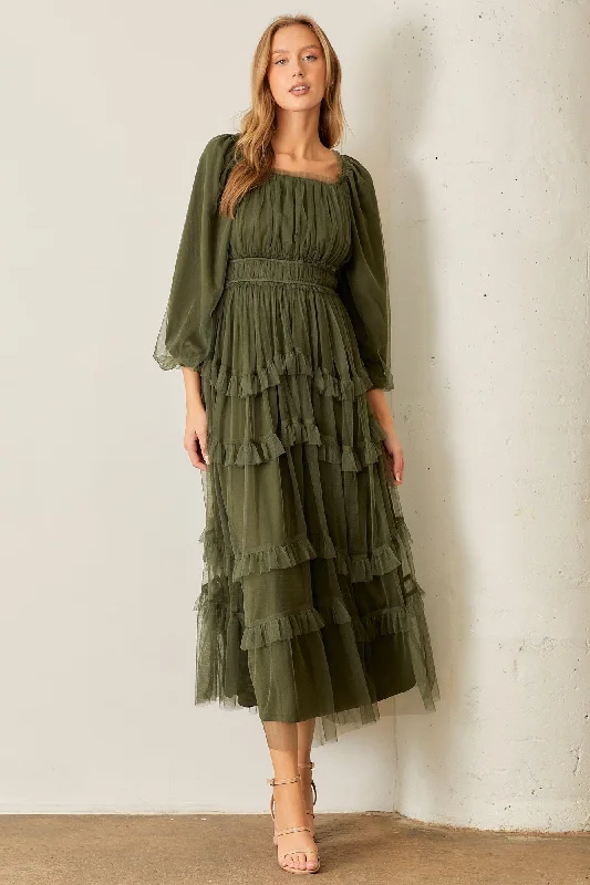 Polagram Long Sleeve Tulle Maxi Dress in Dark Olive Stylish Button-Up Maxi Dress