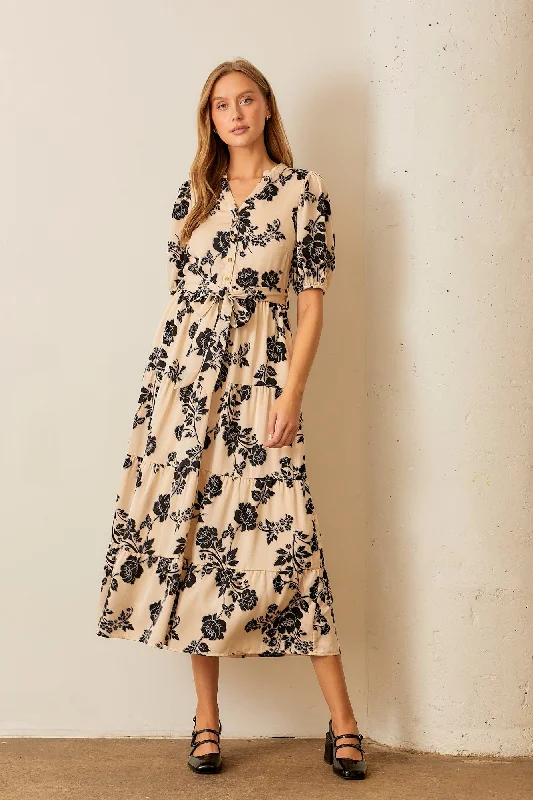 Polagram Two Toned Floral Print Maxi Dress in Cream Multi Classic V-Neck Maxi Dress