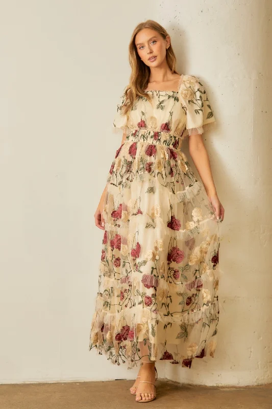 Polgram Floral Print Tulle Maxi Dress in Cream Multi ON ORDER Stylish One-Shoulder Maxi Dress