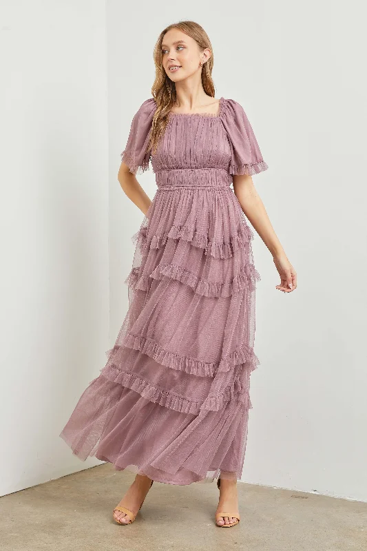 Polgram Tulle Maxi Dress in Dusty Lavender Elegant Maxi Dress with Slit