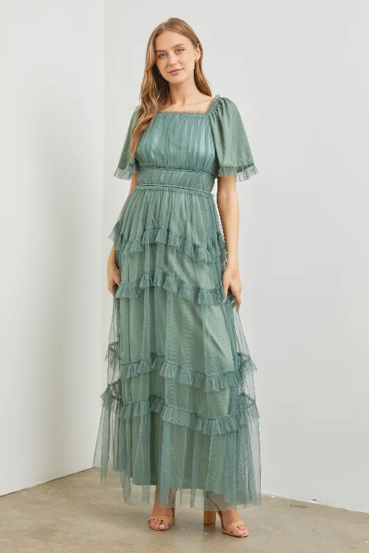 Polgram Tulle Maxi Dress in Dusty Teal Classic Solid Maxi Dress