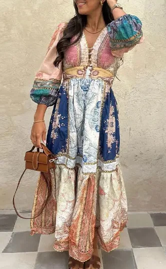 Prissy Patchwork Maxi Dress Elegant Maxi Dress with Belt