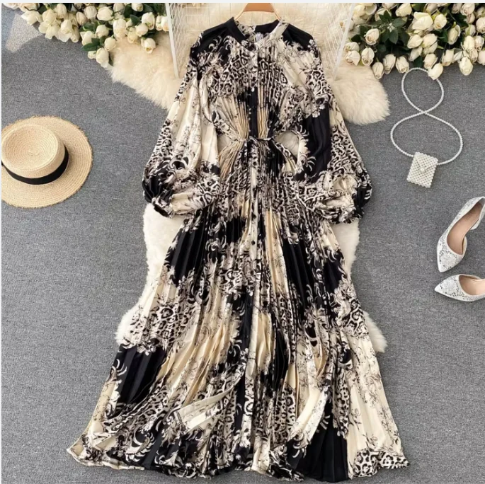 Retro Print Pleated Maxi Dress Stylish One-Shoulder Maxi Dress