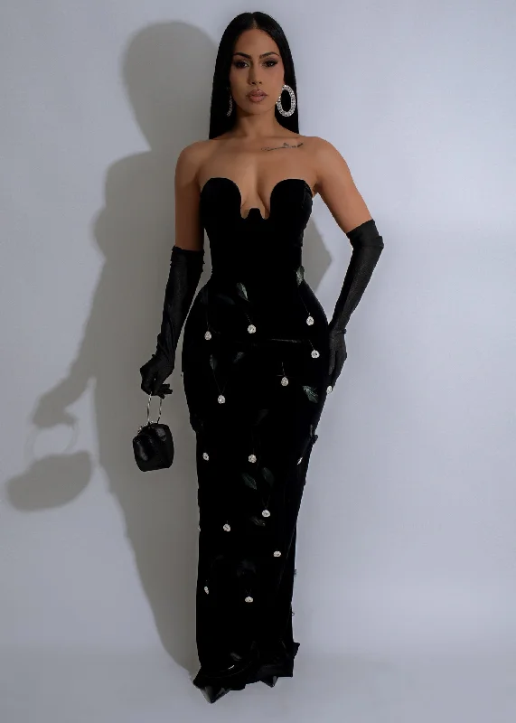 Shadowvine Elegance Rhinestone Maxi Dress Black Trendy Floral Print Maxi Dress