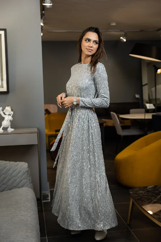 Silver Maxi Dress with Silver Shimmer Chic Off-Shoulder Maxi Dress