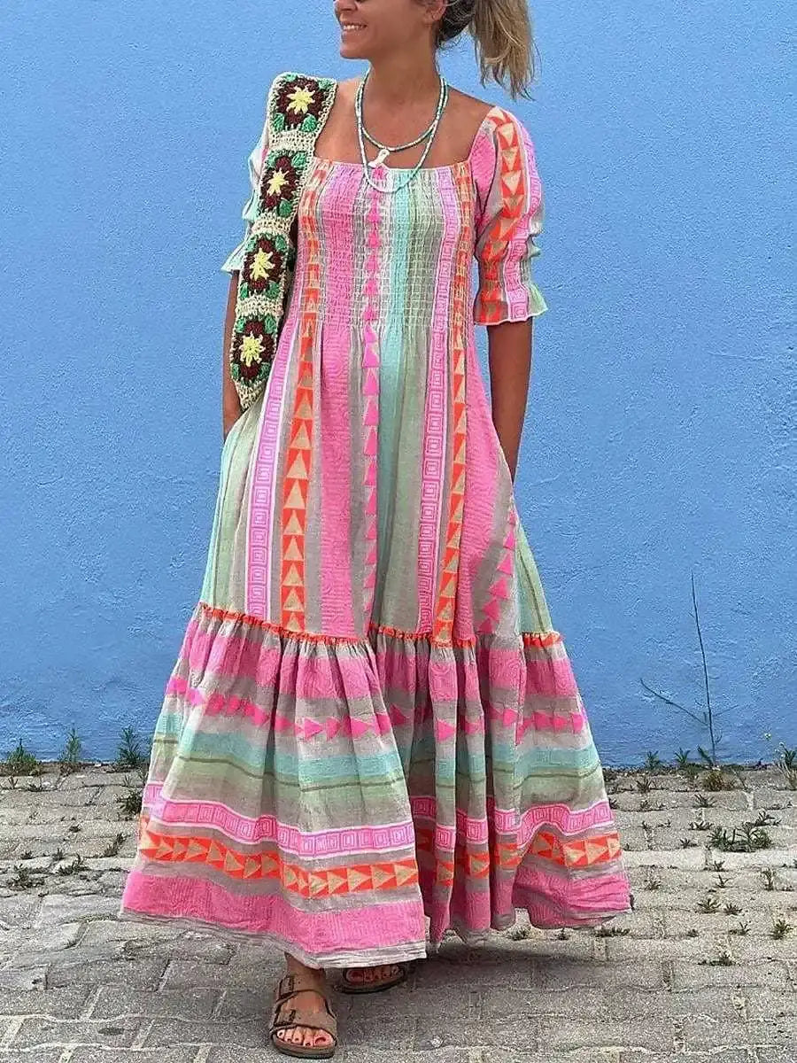 Striped Patchwork Pleated Maxi Dresses Fashionable Asymmetrical Maxi Dress