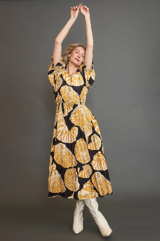 Umgee Floral Print Maxi Dress with Puff Sleeves in Black/Honey Trendy Maxi Dress with Belt