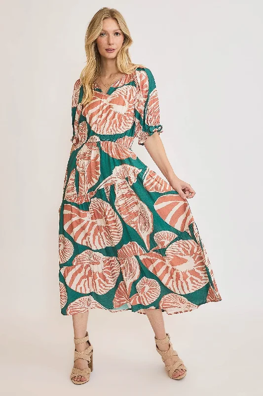 Umgee Floral Print Maxi Dress with Puff Sleeves in Green/Clay Chic Sleeveless Maxi Dress