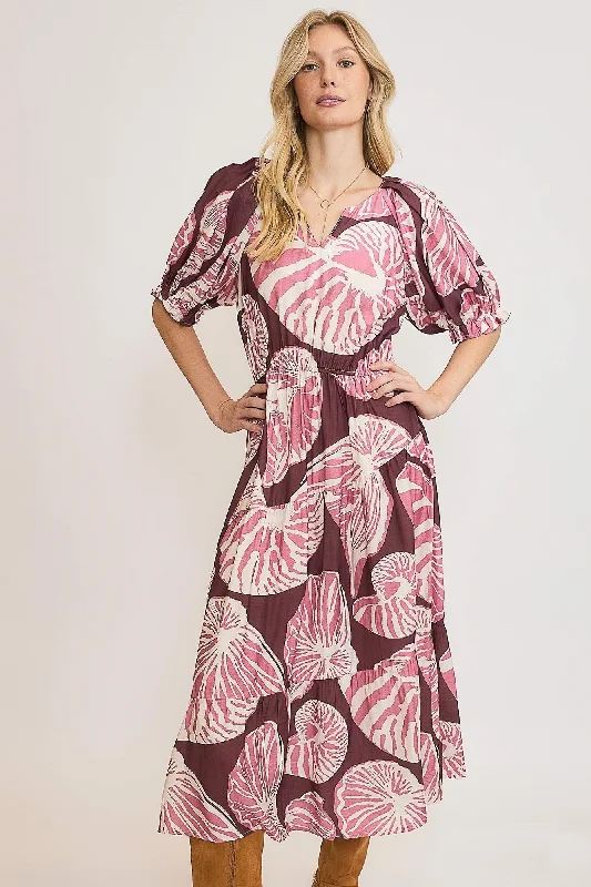 Umgee Floral Print Maxi Dress with Puff Sleeves in Plum/Mauve Stylish Empire Waist Maxi Dress