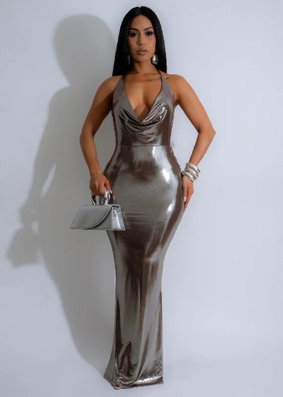 Eclipse Metallic Maxi Dress Brown Comfortable Bohemian Maxi Dress