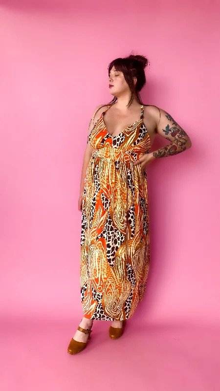 Y2K Animal Print Maxi Dress, sz. L-1XL Chic Button-Up Maxi Dress