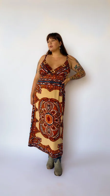Y2K Cream Retro Print Maxi Dress, sz. L-XL Trendy Printed Maxi Dress