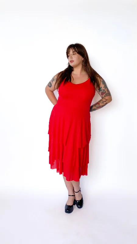 Y2K Red Tiered Spaghetti Strap Maxi Dress, sz M-XL Comfortable Ruffle Hem Maxi Dress Y2K Red Tiered Spaghetti Strap Maxi Dress, sz M-XL Comfortable Ruffle Hem Maxi Dress