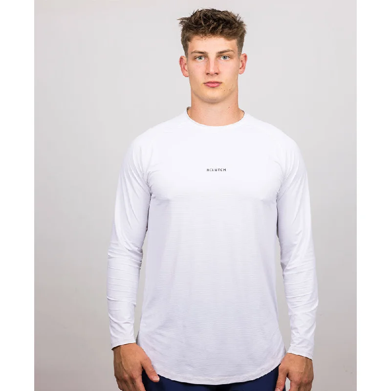 BCLUTCH PERFORMANCE WHITE LONG SLEEVE WORKOUT SHIRT Embroidered Appliqued Beaded